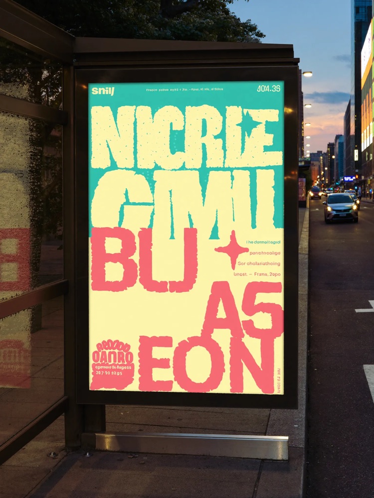 Brand ad in the wild — a bold type-driven campaign poster in a city bus-stop transit frame at dusk