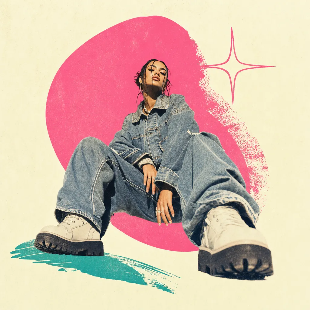 Campaign key visual — a streetwear model seated in denim and boots with a pink circle and sparkle