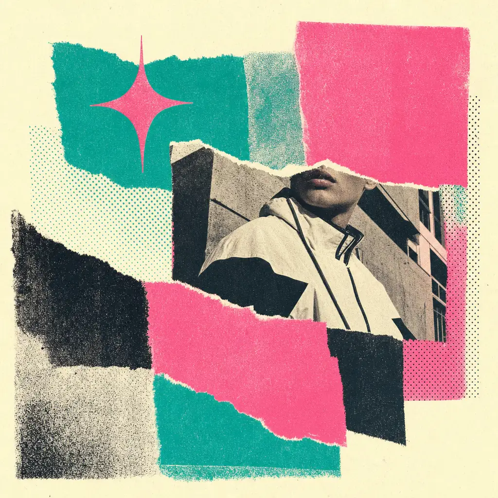 Risograph carousel cover — torn-paper collage in teal, pink and ink on cream