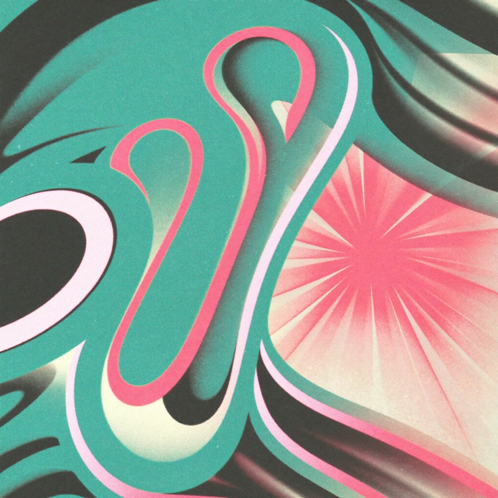 Motion-graphics still — liquid teal ribbons and a pink radial burst on cream