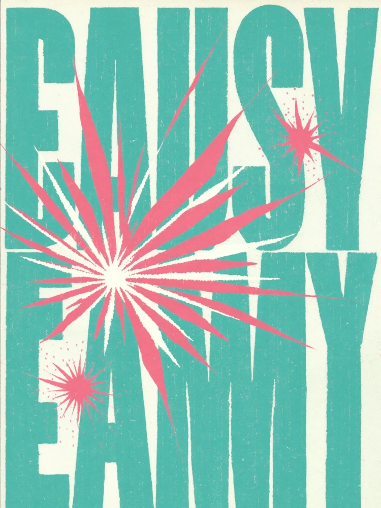 Typographic brand poster — oversized teal lettering with a pink risograph starburst on cream