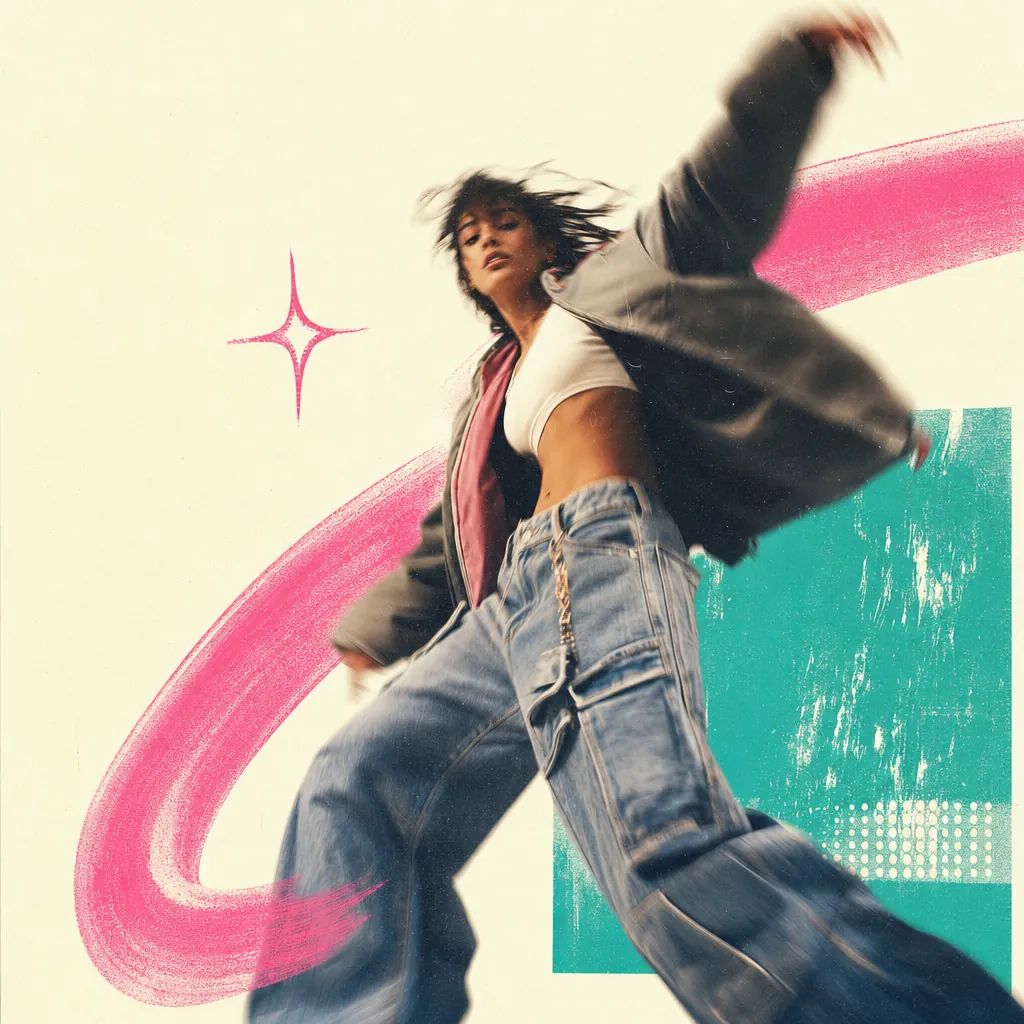 Brand reel still — a model mid-motion with a pink swoosh and sparkle on cream