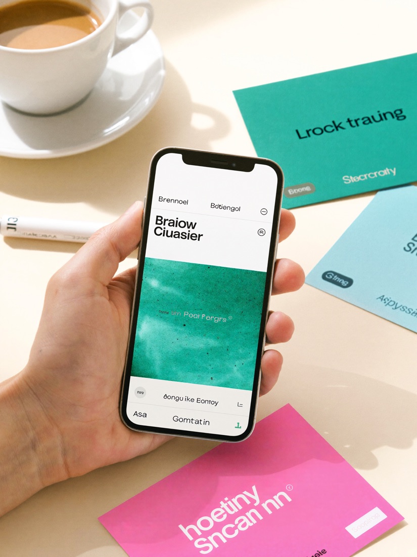 A freshly launched brand site shown on a phone over a cream desk with teal and pink brand cards