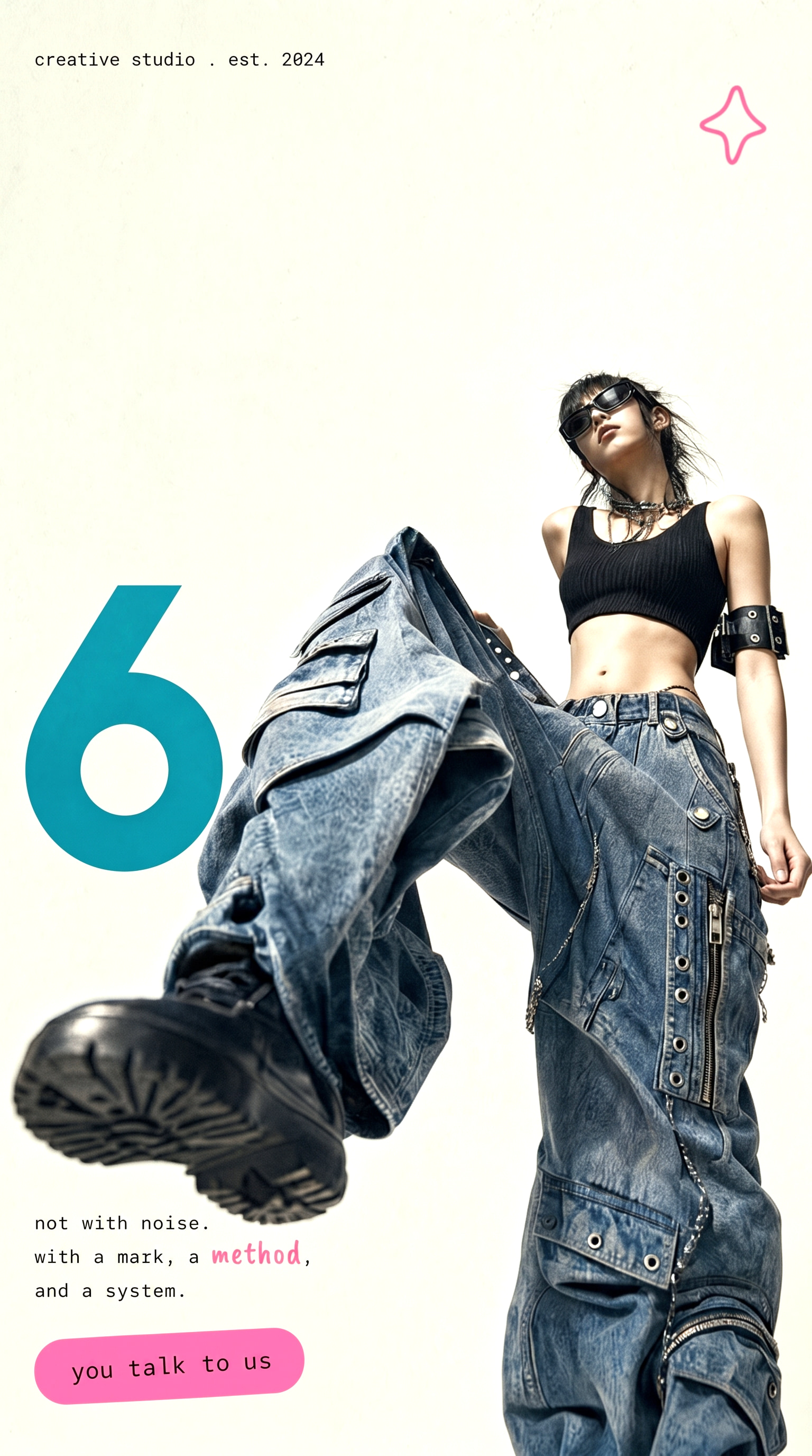 A streetwear model in oversized denim on warm studio paper, beside a large teal numeral 6 — the 6methods studio poster.