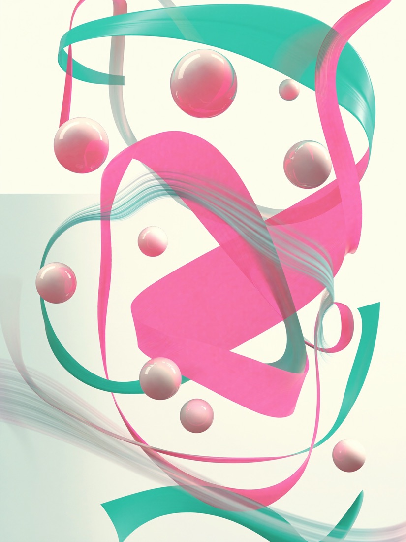 Abstract motion-graphics still — glossy pink and teal ribbons and spheres on cream