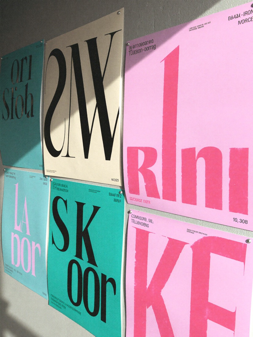 A wall of bold typographic brand posters in teal, pink and ink on cream